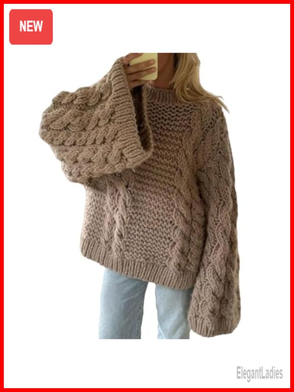 Oversized Cable Knit Sweater Long Sleeve Chunky Pullover